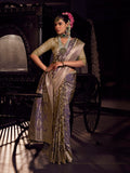 Lavender wedding Banarasi saree with contrast blouse and traditional silk tissue fabric