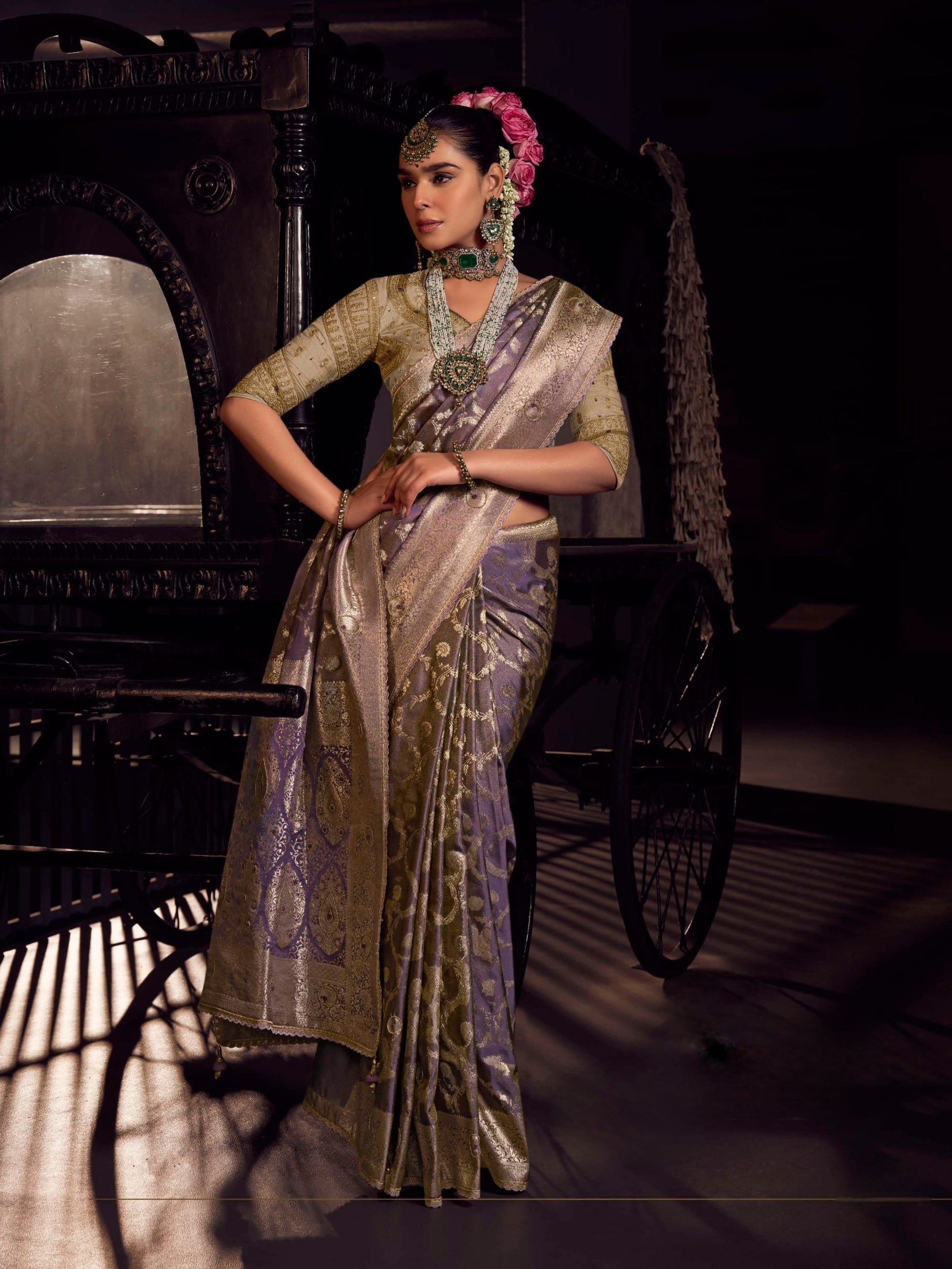 Lavender wedding Banarasi saree with contrast blouse and traditional silk tissue fabric