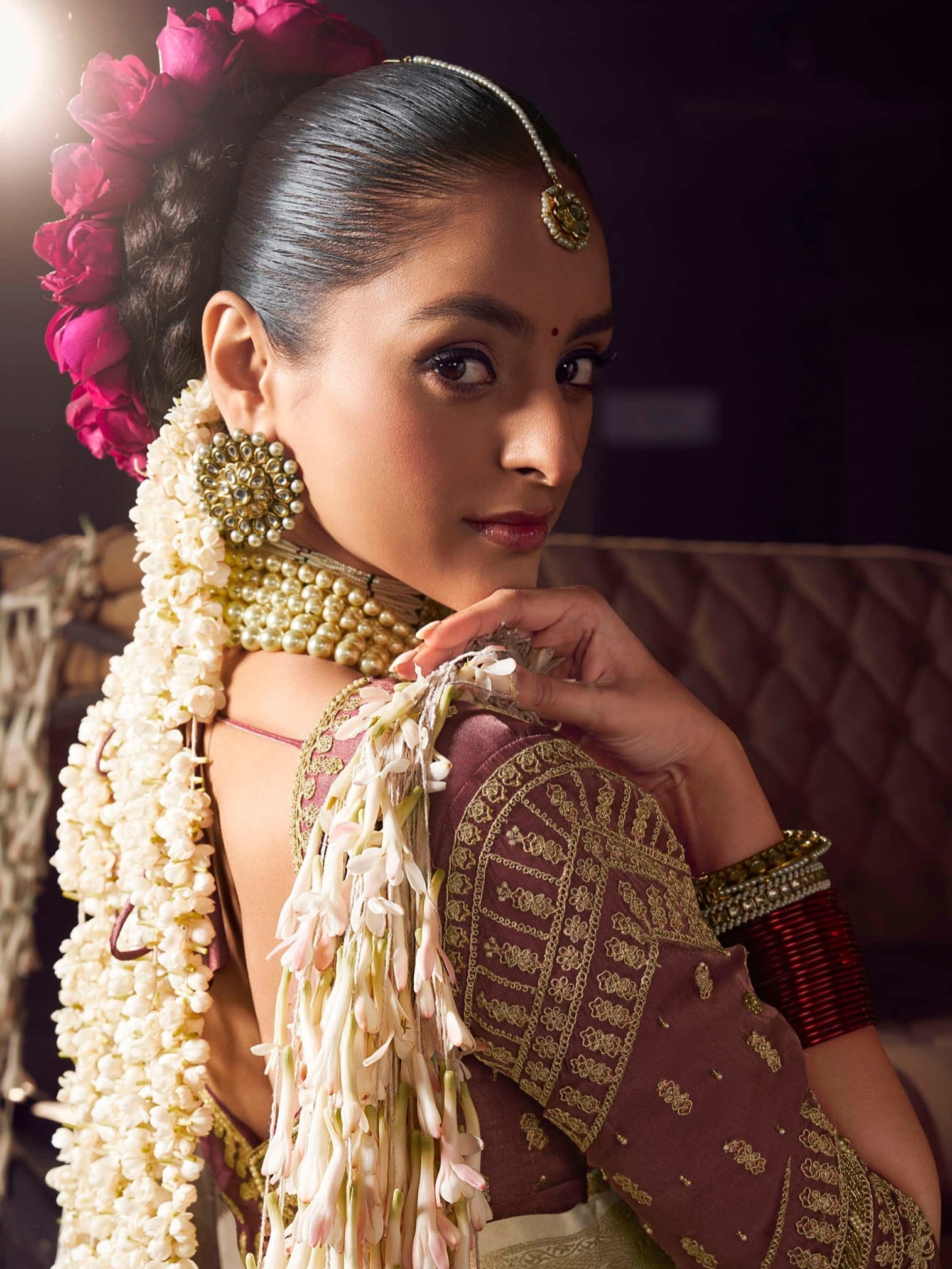 Shop cream golden Banarasi saree with maroon heavy blouse for bridal and festive look