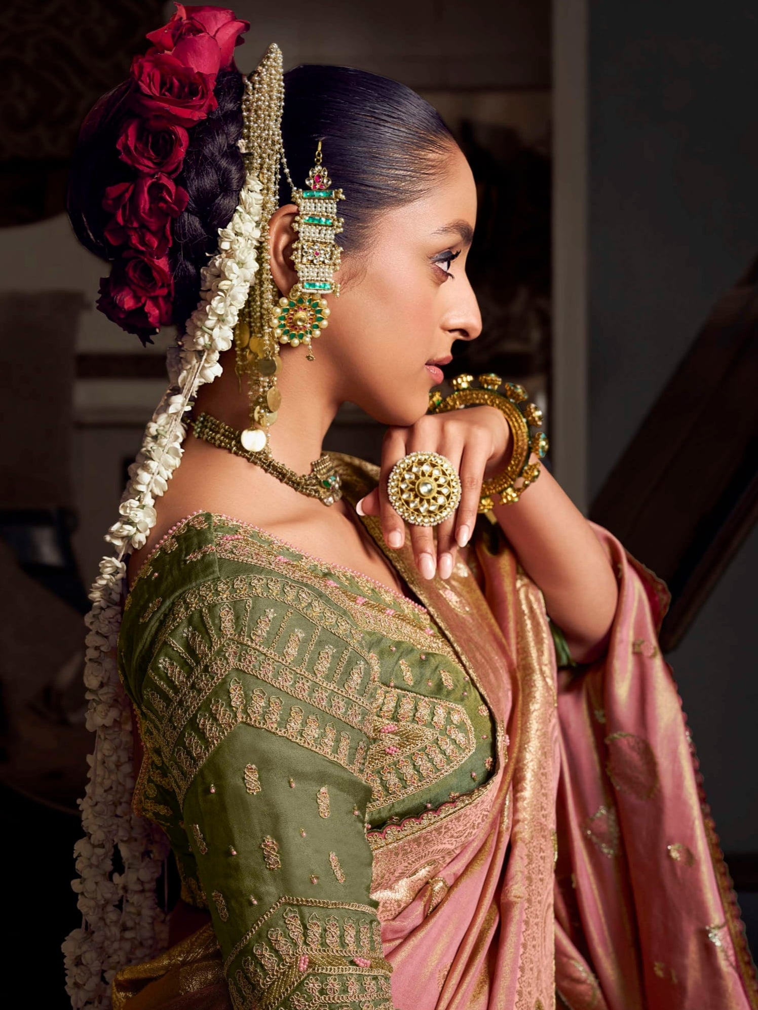 Shop dusty pink Banarasi saree with rich hand embroidery and contrast blouse online