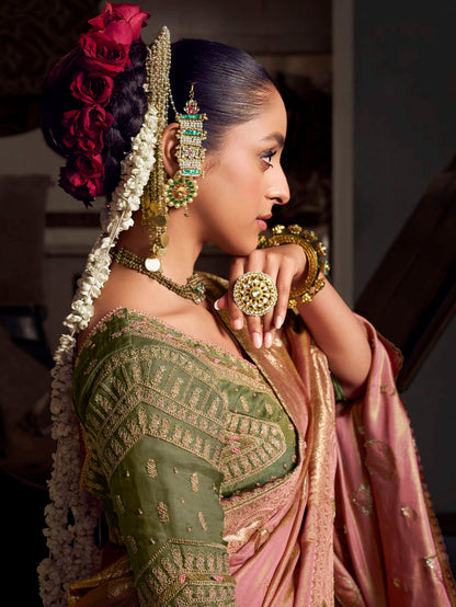 Shop dusty pink Banarasi saree with rich hand embroidery and contrast blouse online