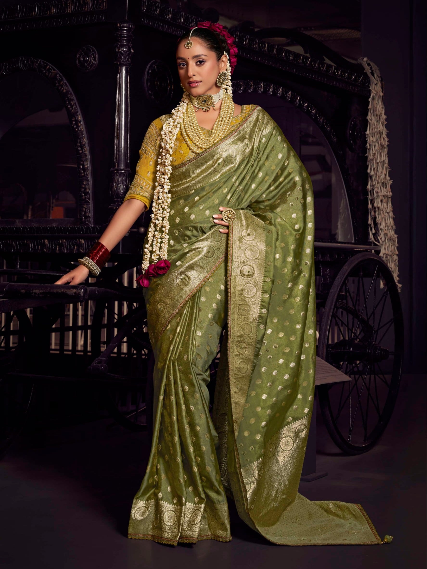 Green and mustard combination Banarasi saree with embroidery blouse for festive and wedding wear