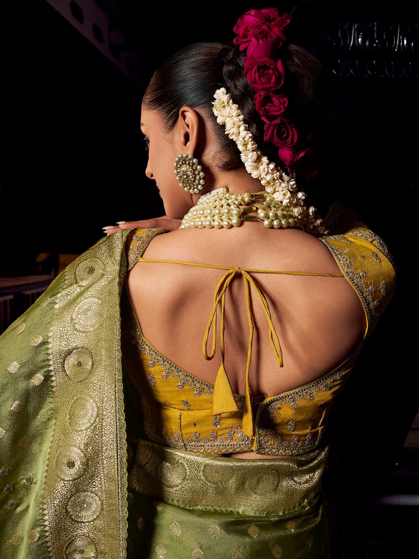 Pure viscose olive green Banarasi saree with traditional hand embroidery and designer blouse