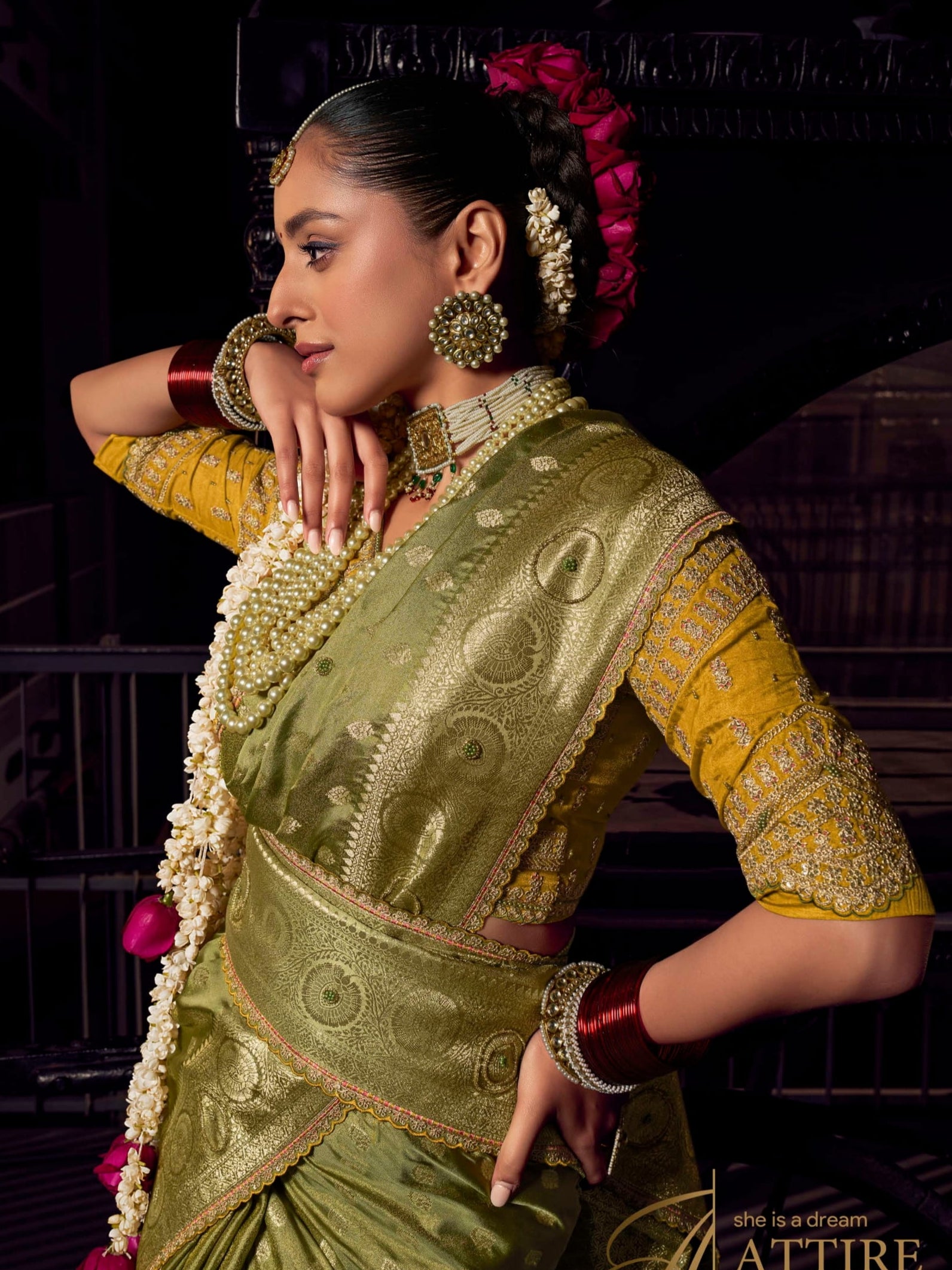 Traditional olive green Banarasi silk saree with pure viscose tissue handwork pallu