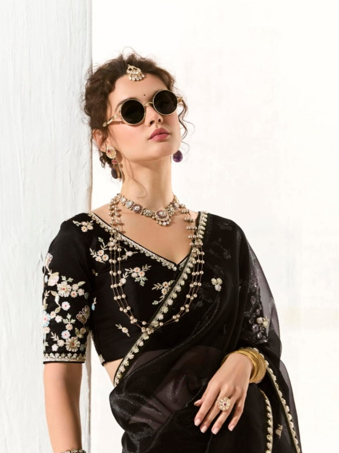 Elegant Black Tissue Saree Featuring Butta Work and Fancy Designer Tassels
