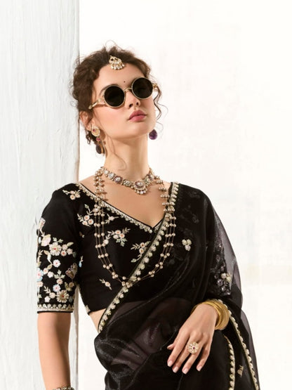 Elegant Black Tissue Saree Featuring Butta Work and Fancy Designer Tassels