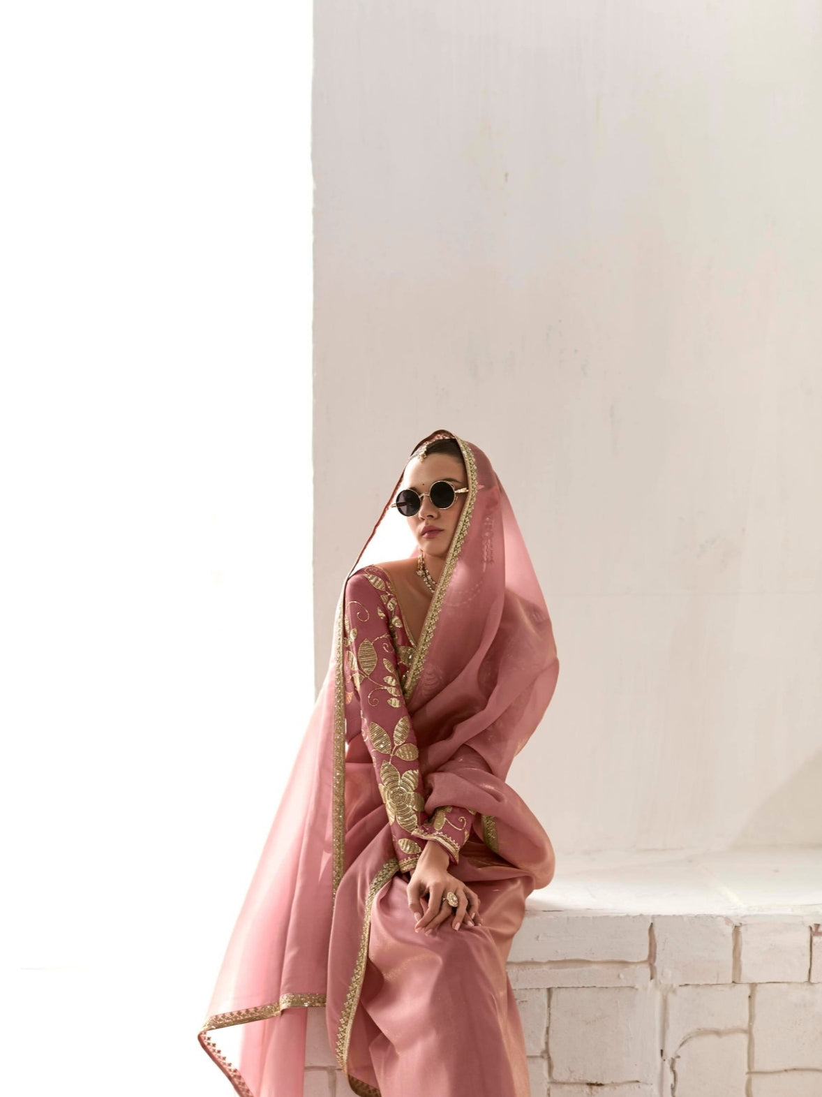 Party Wear Dusty Pink Organza Tissue Saree with Heavy Embroidery and Stylish Blouse