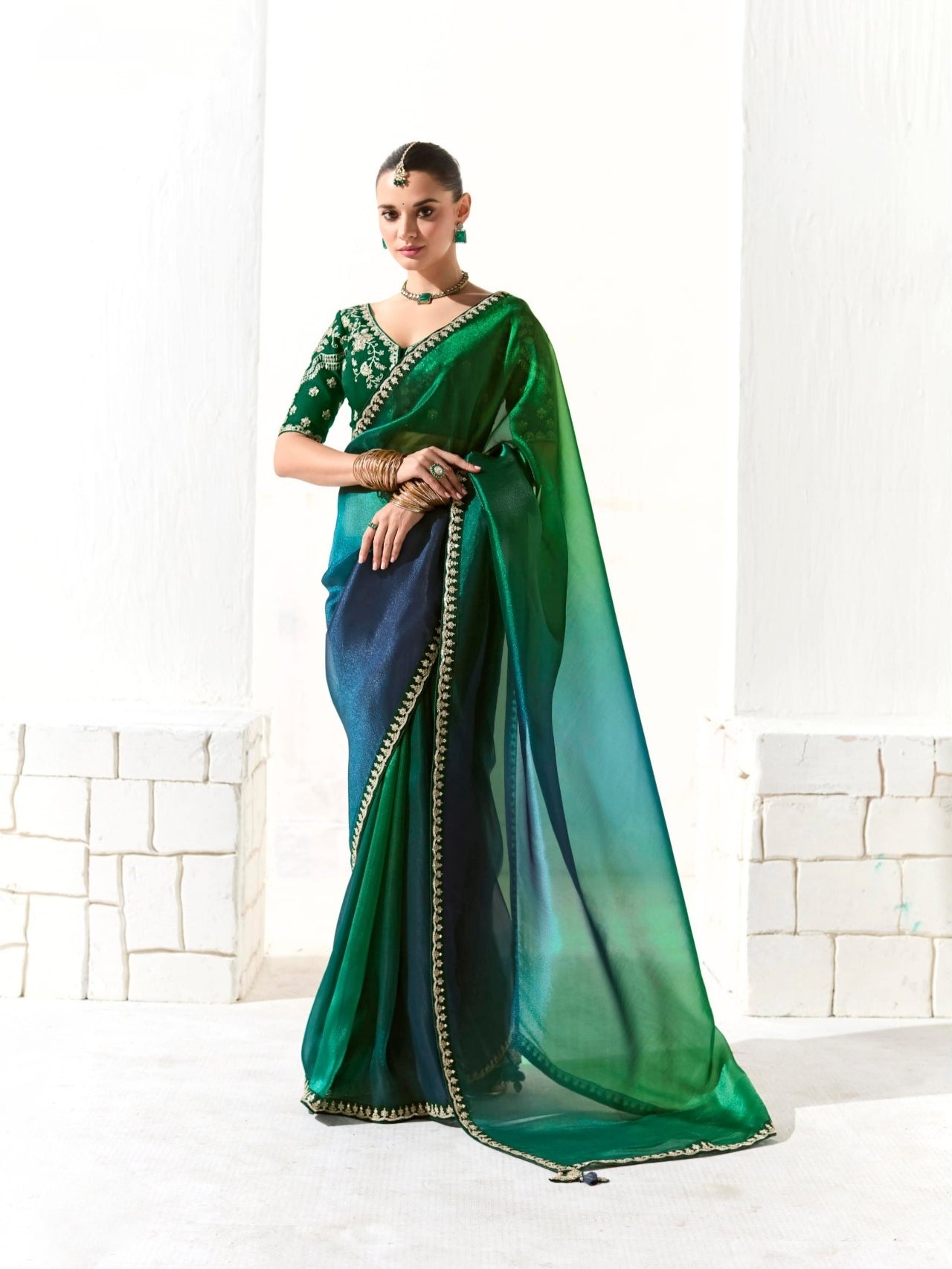 Green Ombre Organza Tissue Saree with Heavy Embroidered Border and Designer Blouse

