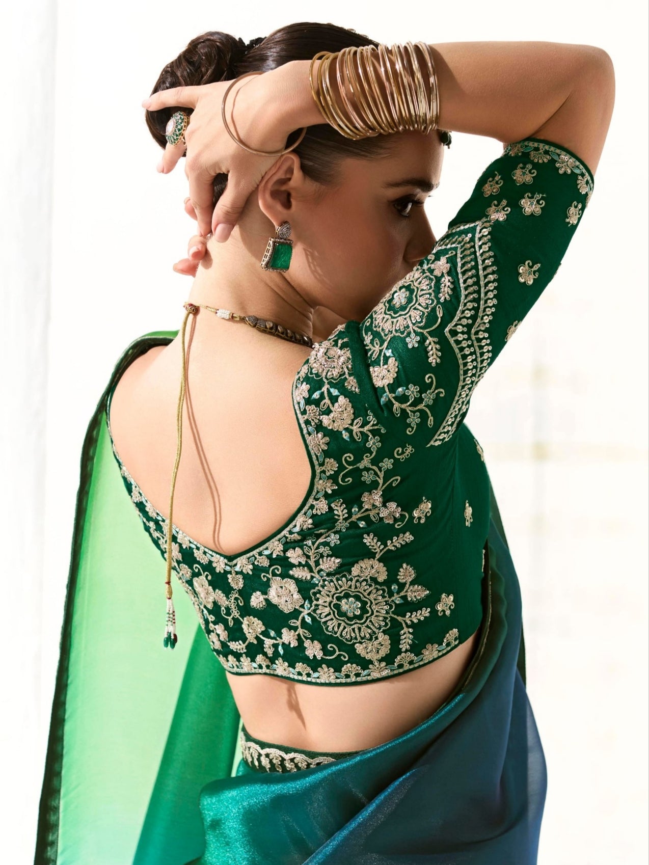 Party Wear Green Ombre Organza Tissue Saree with Heavy Embroidery and Stylish Blouse

