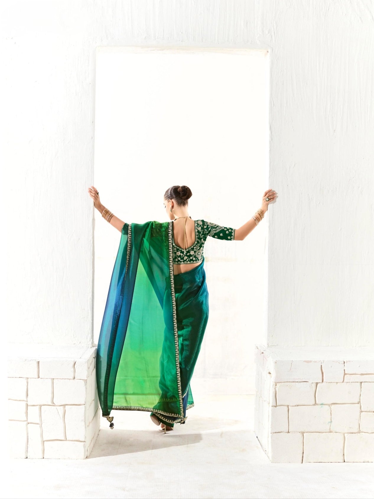 Premium Green Ombre Organza Tissue Saree for Weddings and Special Occasions

