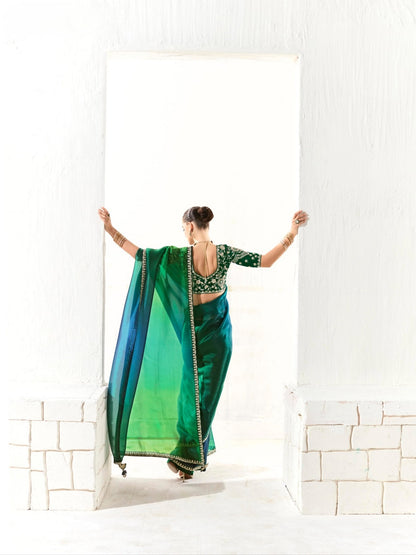 Premium Green Ombre Organza Tissue Saree for Weddings and Special Occasions

