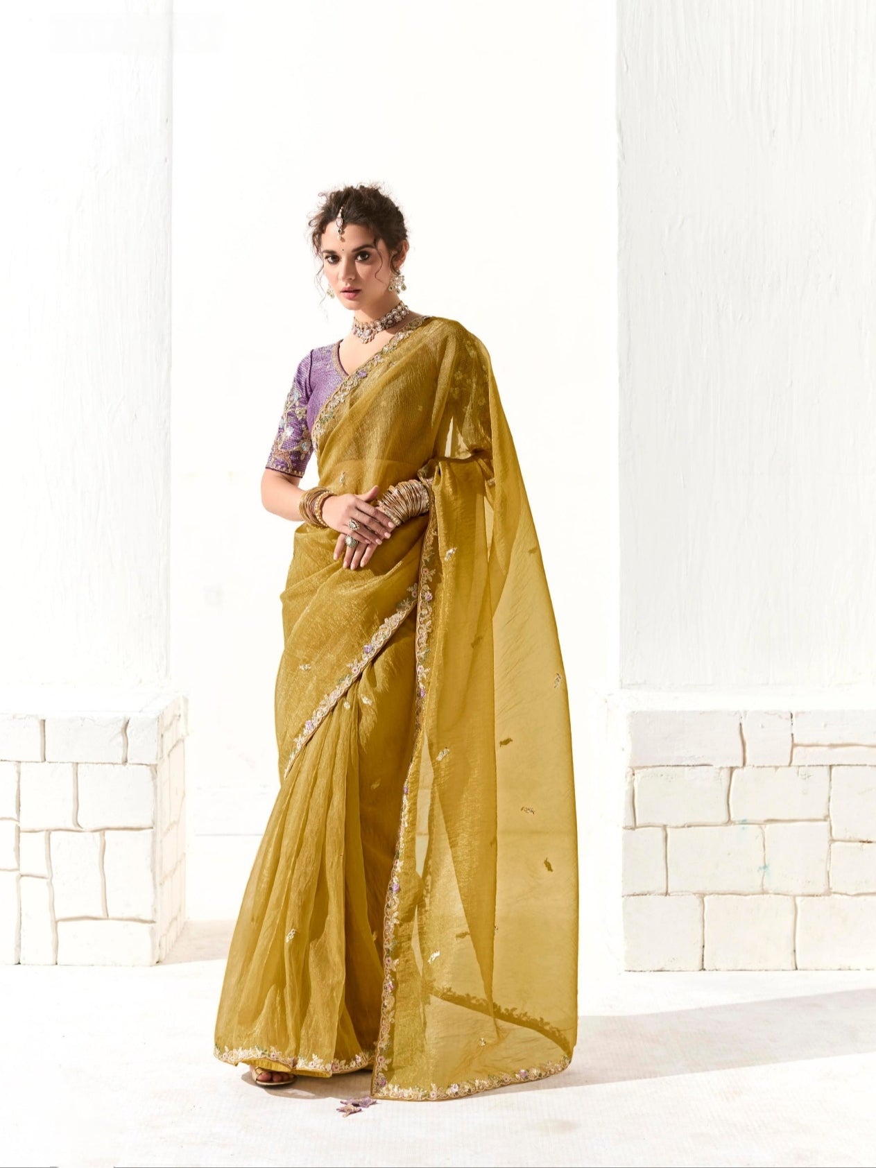 Mustard Yellow Organza Tissue Saree with Heavy Embroidered Border and Designer Blouse

