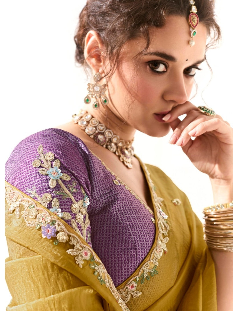 Elegant Mustard Yellow Tissue Saree Featuring Butta Work and Fancy Designer Tassels

