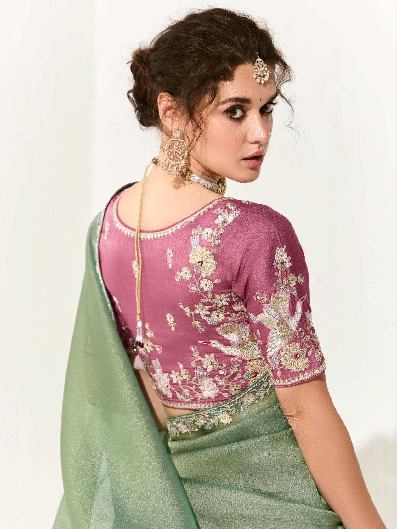 Party Wear Sage Green Organza Tissue Saree with Heavy Embroidery and Stylish Blouse

