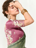 Elegant Sage Green Tissue Saree Featuring Butta Work and Fancy Designer Tassels

