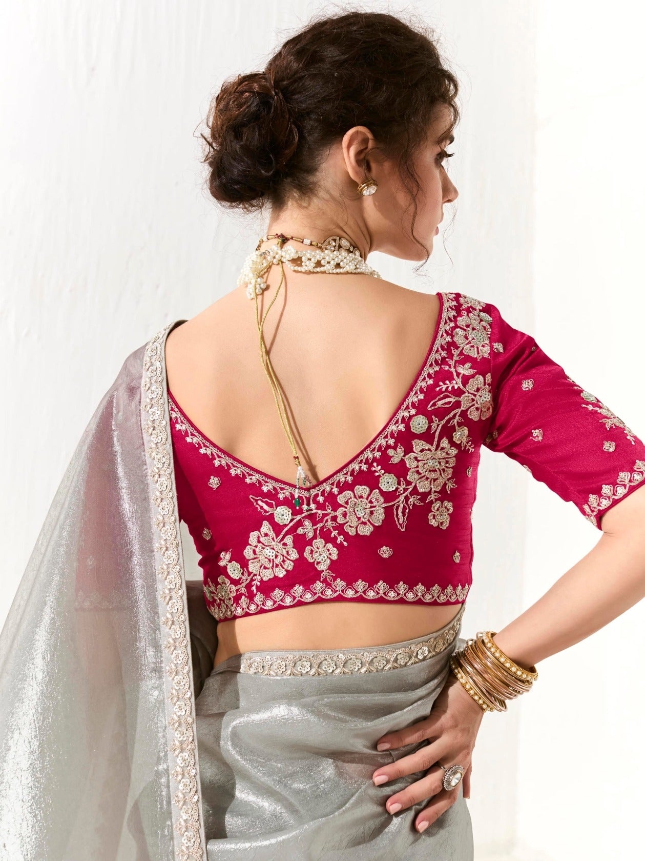 Party Wear Silver Grey Organza Tissue Saree with Heavy Embroidery and Stylish Blouse

