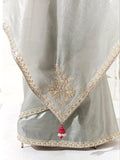 Designer Silver Grey Tissue Saree with Intricate Embroidery and Embellished Border

