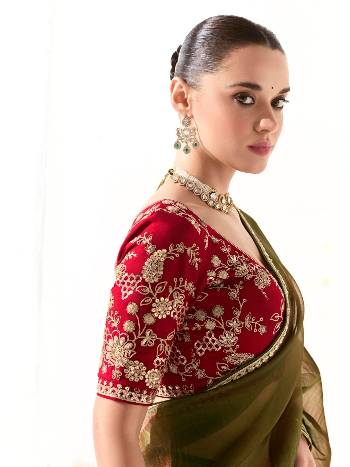 Premium Olive Green Organza Tissue Saree for Weddings and Special Occasions