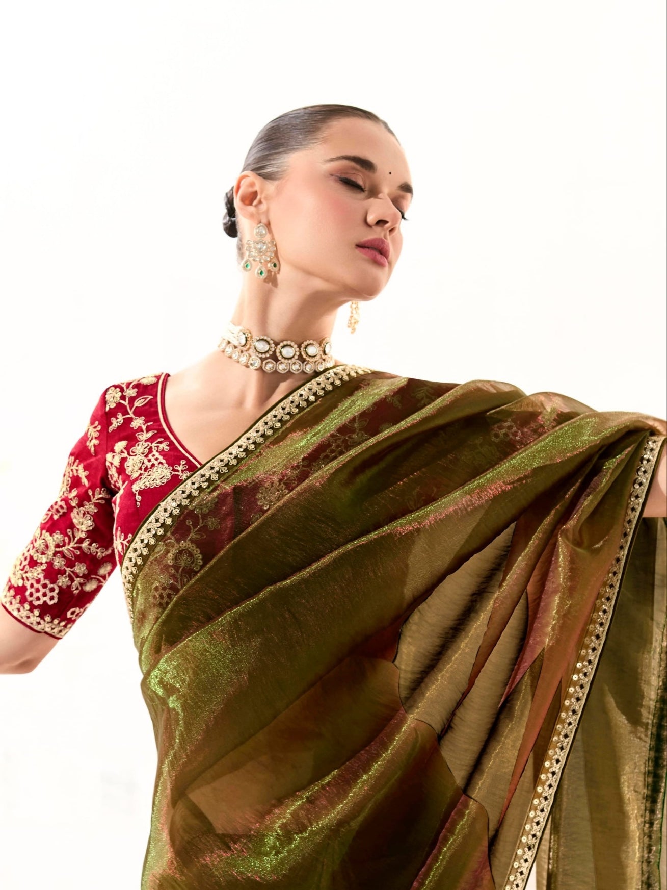 Party Wear Olive Green Organza Tissue Saree with Heavy Embroidery and Stylish Blouse