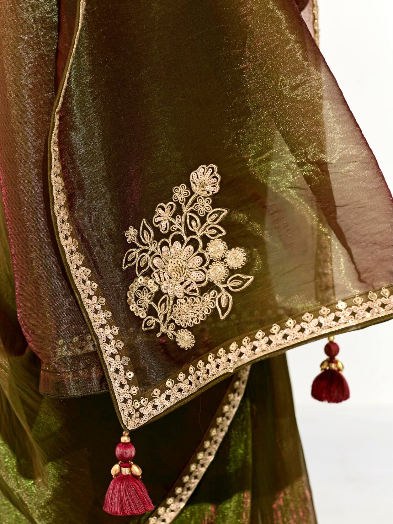 Olive Green Organza Tissue Saree with Heavy Embroidered Border and Designer Blouse
