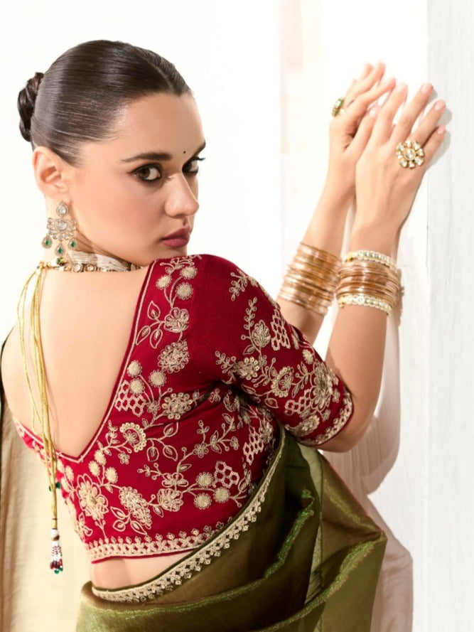Elegant Olive Green Tissue Saree Featuring Butta Work and Fancy Designer Tassels