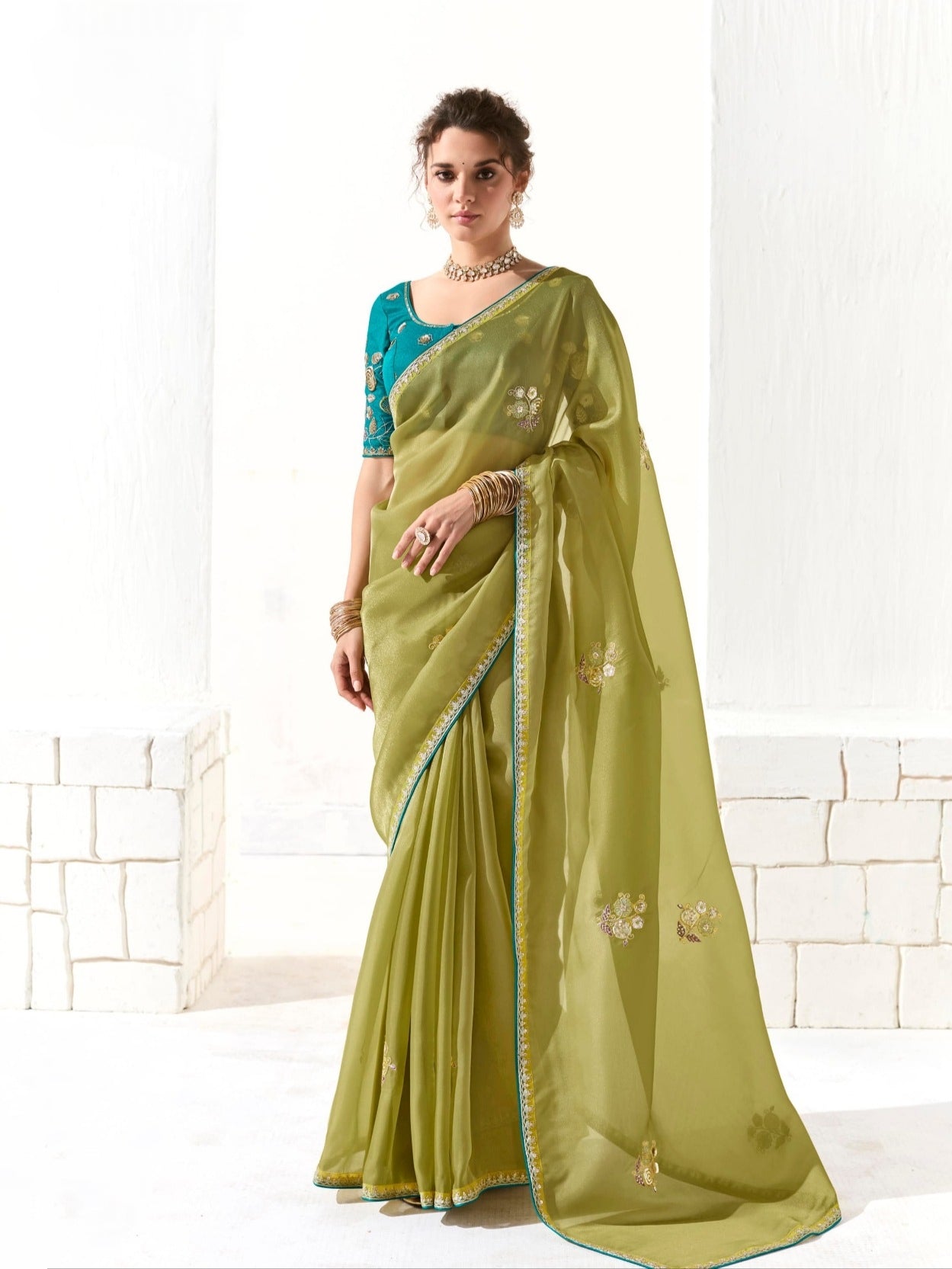 Premium Lime Green Organza Tissue Saree for Weddings and Special Occasions