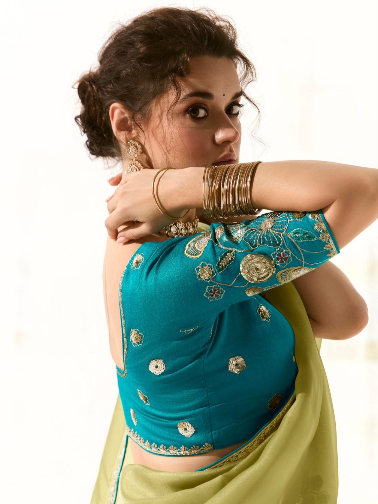 Lime Green Organza Tissue Saree with Heavy Embroidered Border and Designer Blouse