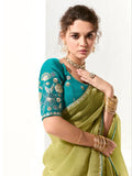 Party Wear Lime Green Organza Tissue Saree with Heavy Embroidery and Stylish Blouse