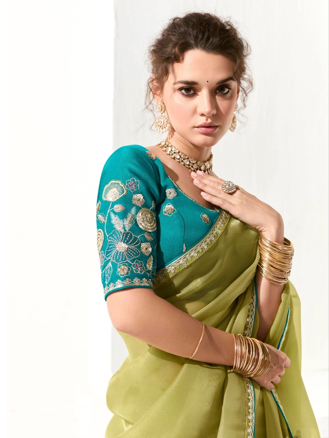 Party Wear Lime Green Organza Tissue Saree with Heavy Embroidery and Stylish Blouse