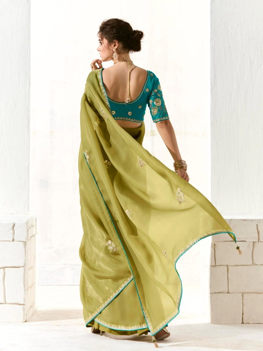 Designer Lime Green Tissue Saree with Intricate Embroidery and Embellished Border
