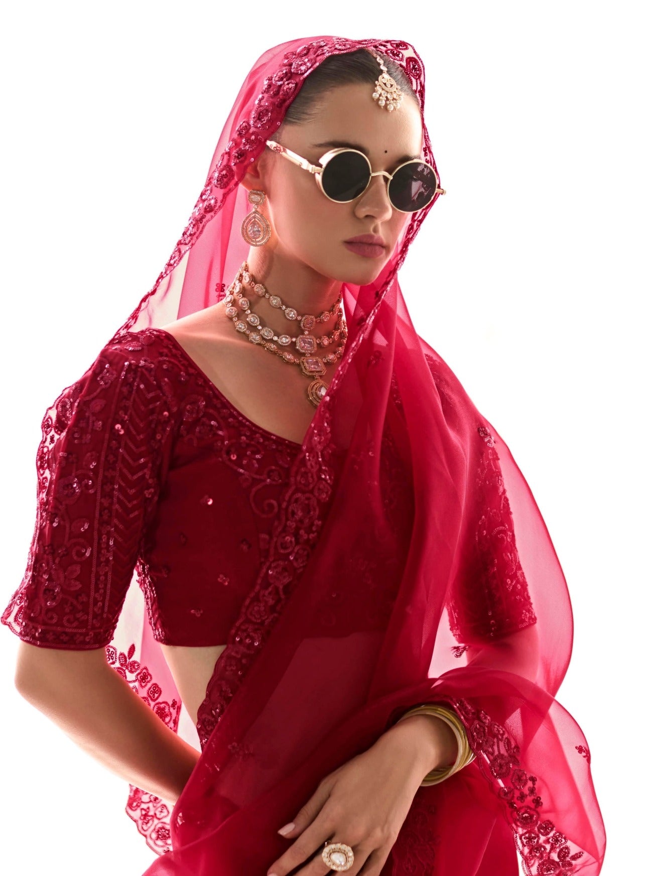 Deep Red Organza Tissue Saree with Heavy Embroidered Border and Designer Blouse