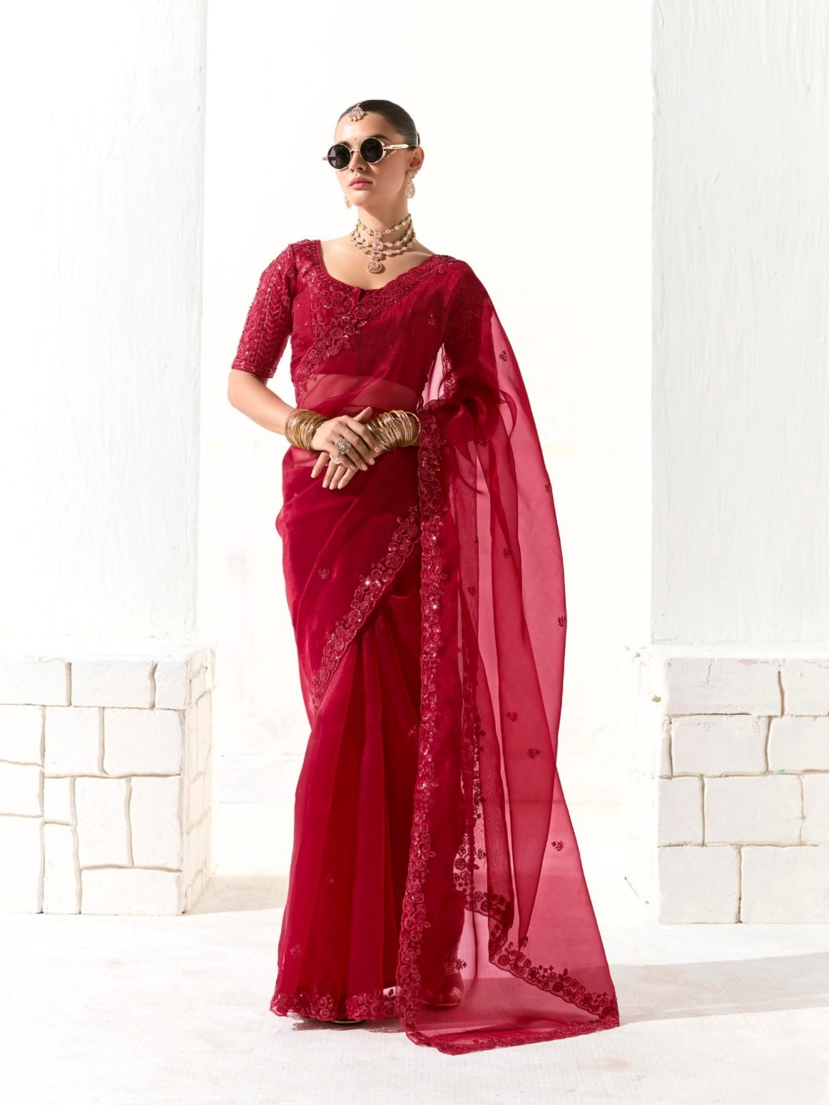 Deep Red Organza Tissue Saree with Embroidered Border