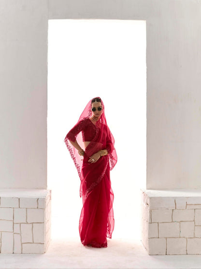 Elegant Deep Red Tissue Saree Featuring Butta Work and Fancy Designer Tassels