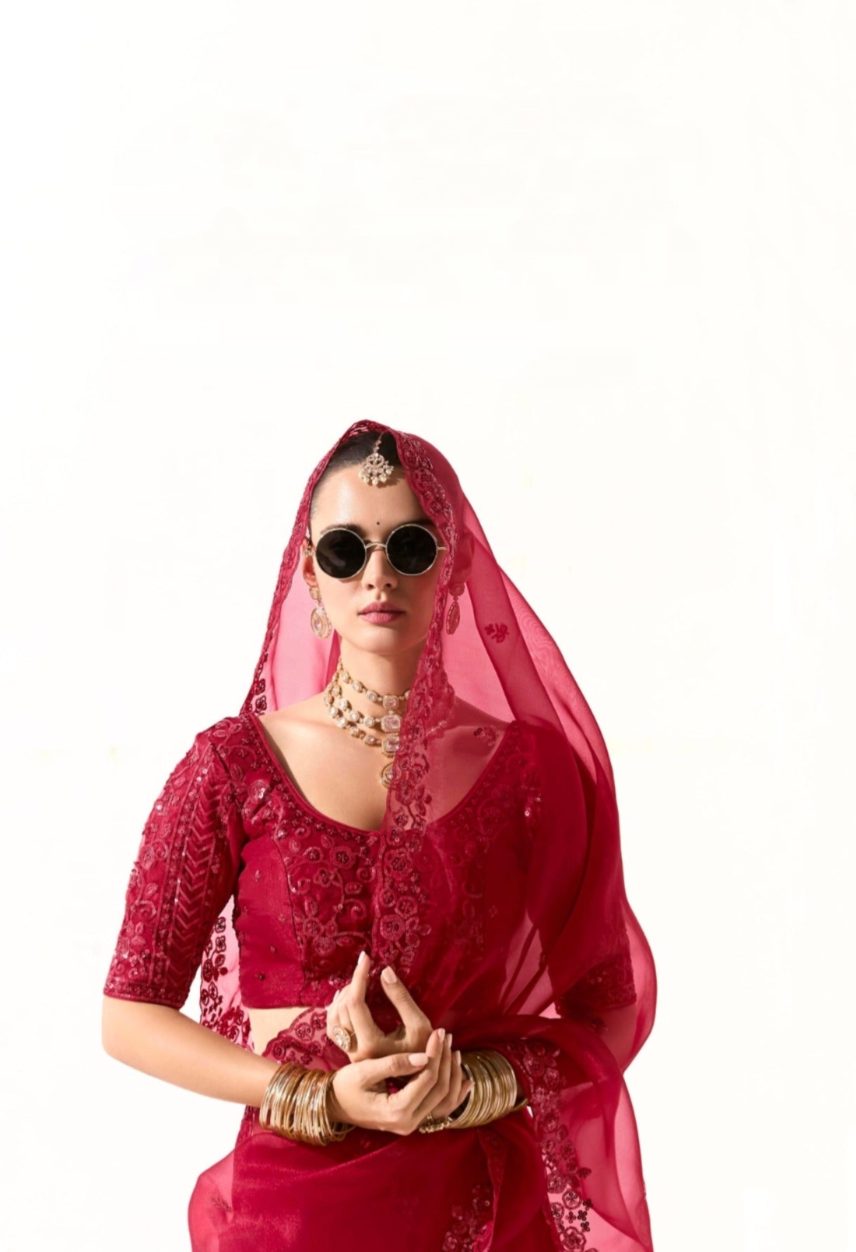 Party Wear Deep Red Organza Tissue Saree with Heavy Embroidery and Stylish Blouse