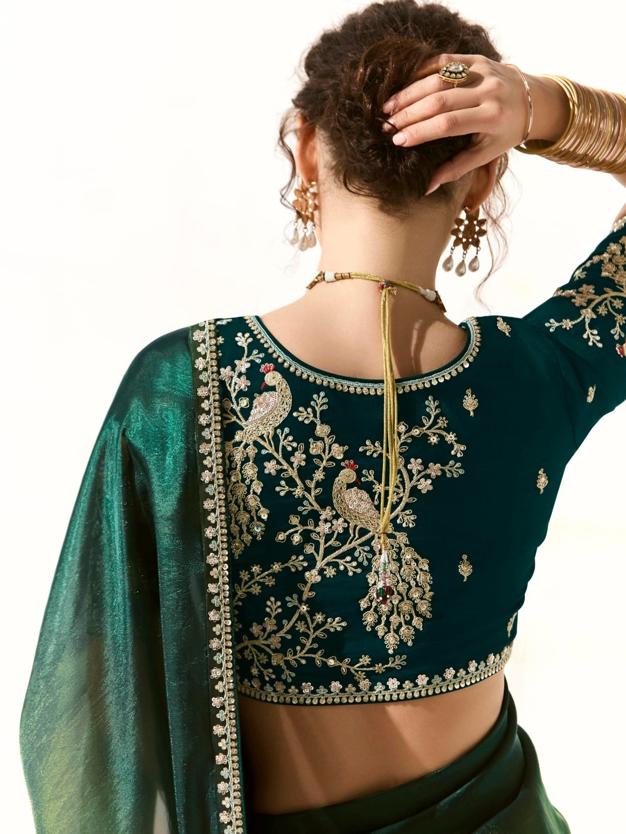 Party Wear Teal Green Organza Tissue Saree with Heavy Embroidery and Stylish Blouse

