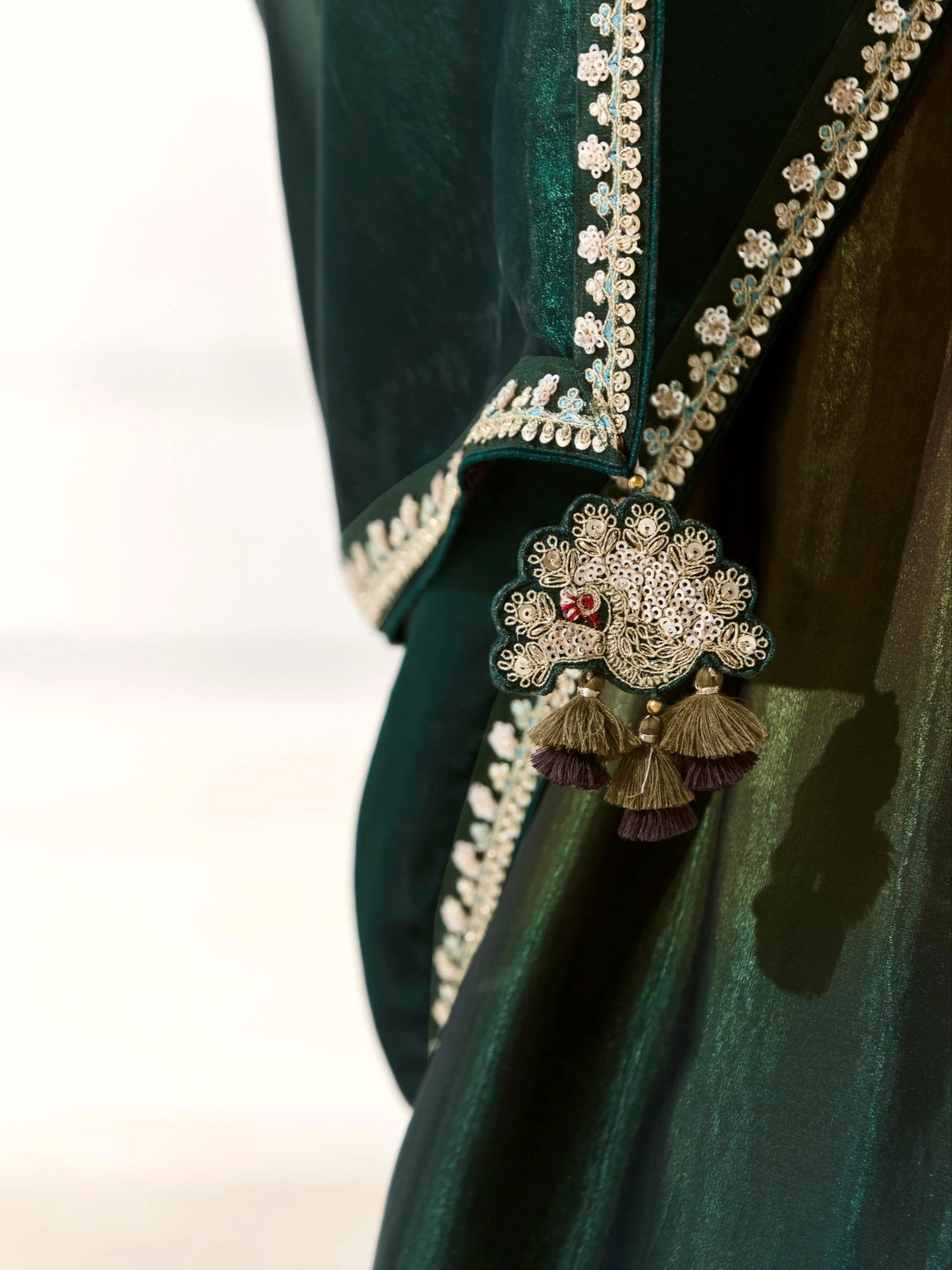Teal Green Organza Tissue Saree with Heavy Embroidered Border and Designer Blouse

