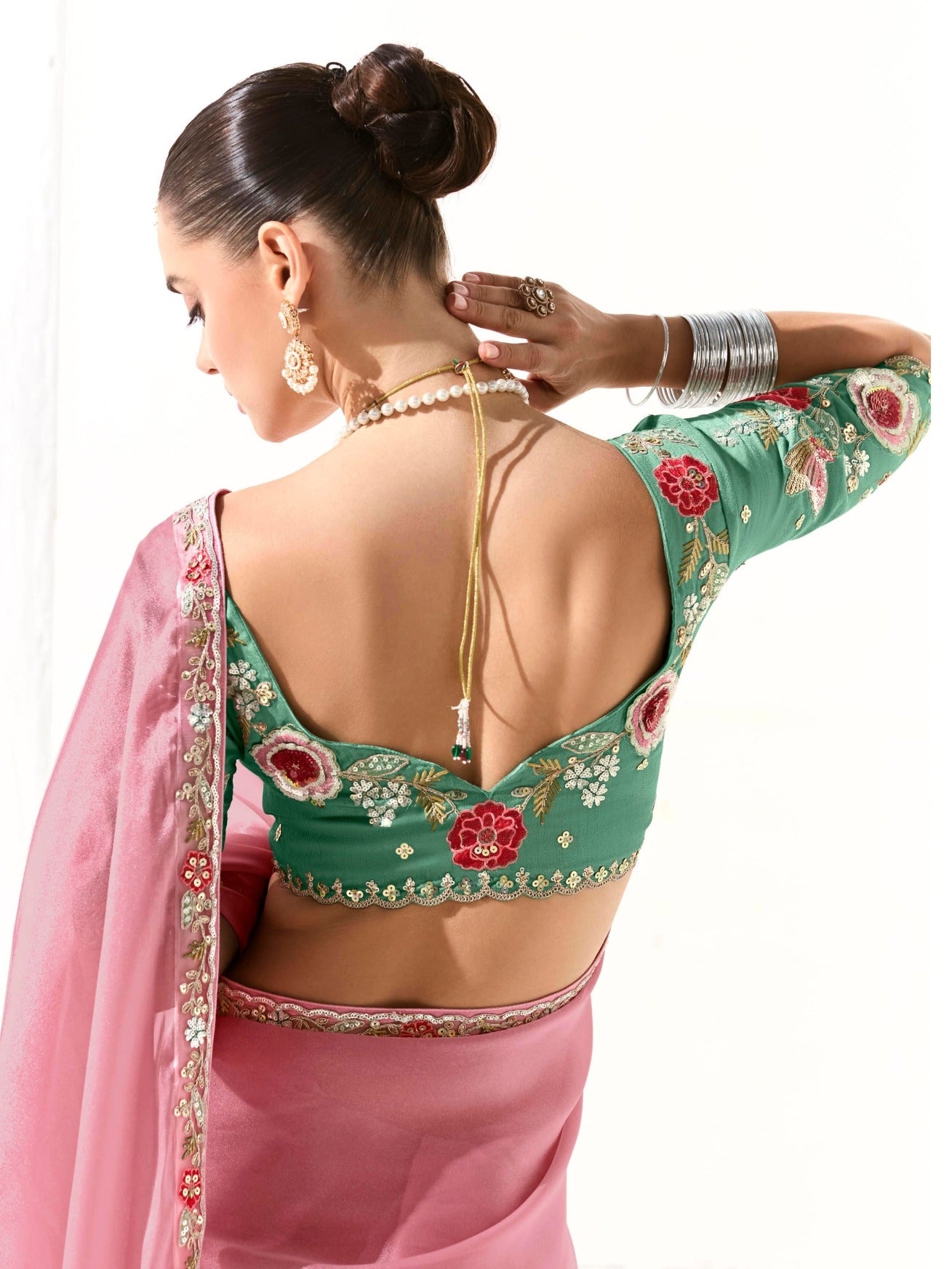 Party Wear Baby Pink Organza Tissue Saree with Heavy Embroidery and Stylish Blouse

