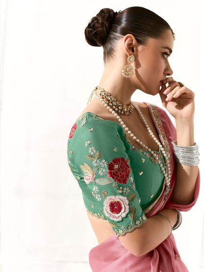 Elegant Baby Pink Tissue Saree Featuring Butta Work and Fancy Designer Tassels

