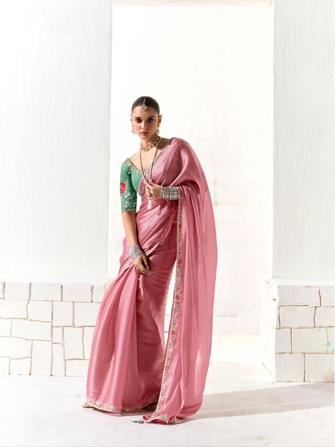 Baby Pink Organza Tissue Saree with Heavy Embroidered Border and Designer Blouse

