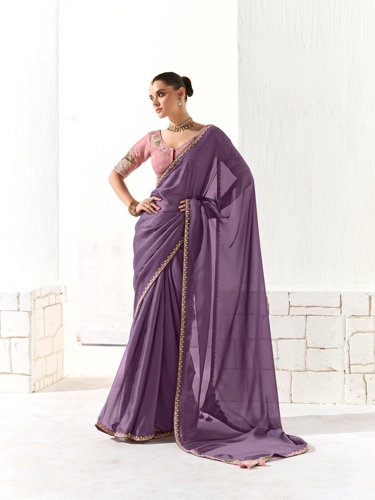 Elegant Purple Tissue Saree Featuring Butta Work and Fancy Designer Tassels

