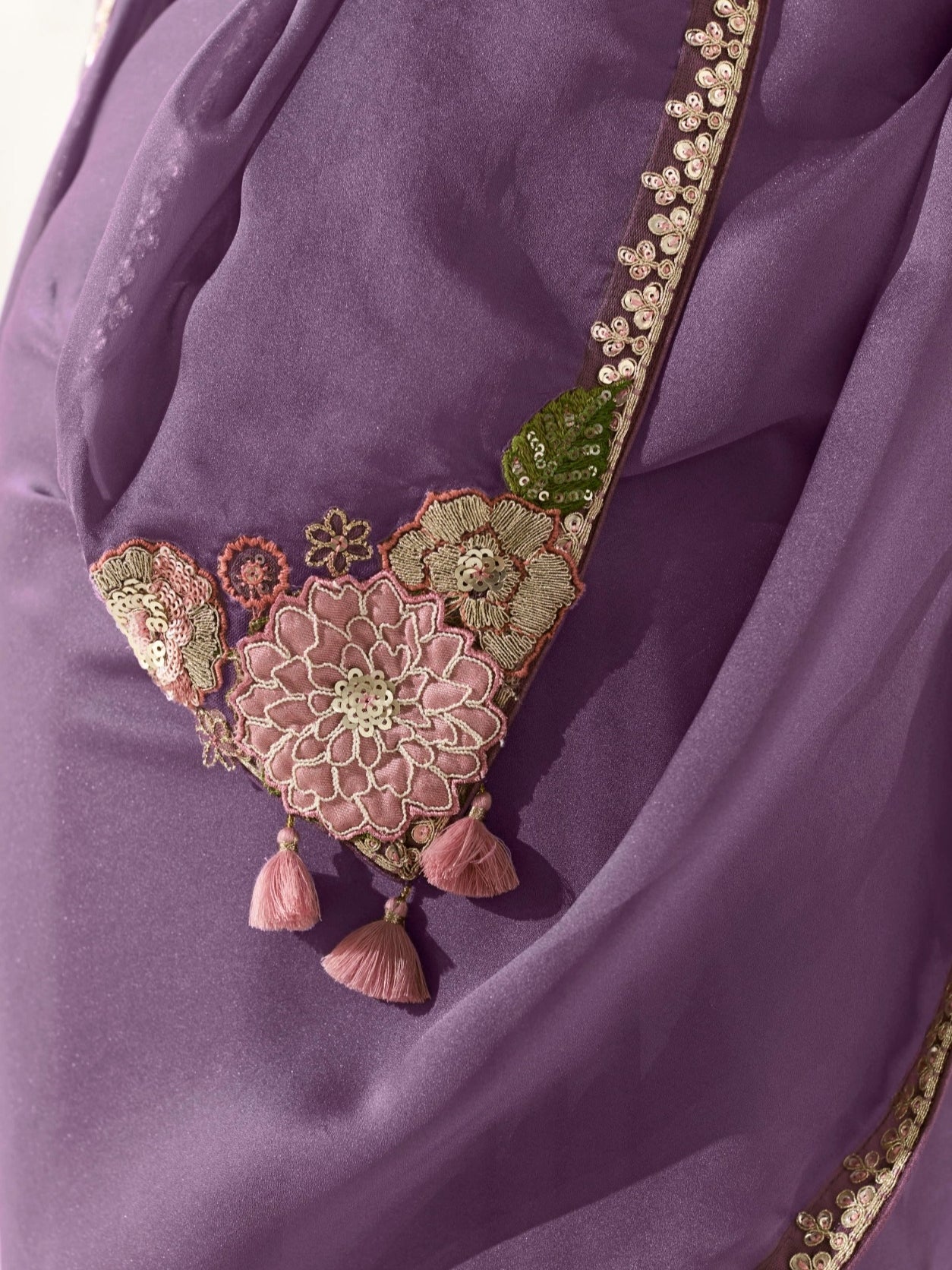 Purple Organza Tissue Saree with Heavy Embroidered Border and Designer Blouse

