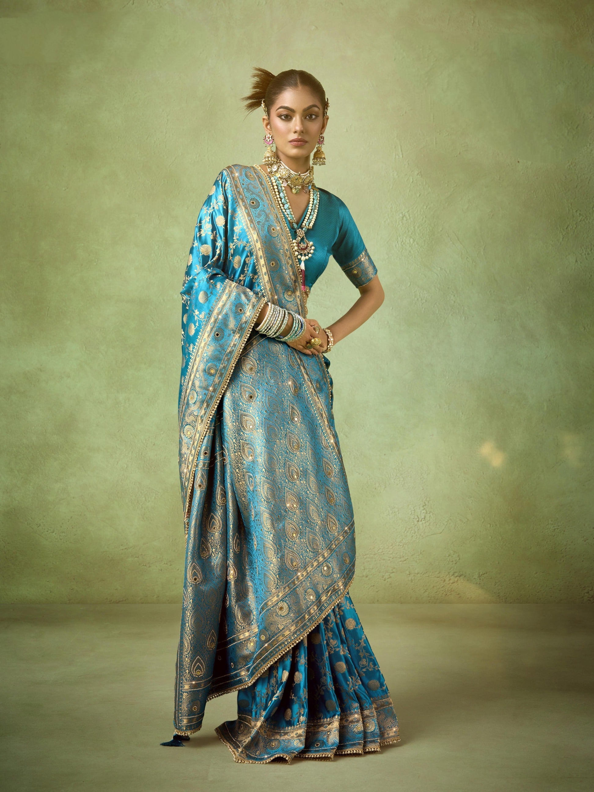 Royal Blue Banarasi Saree Satin Katan with Zircon Lace Border