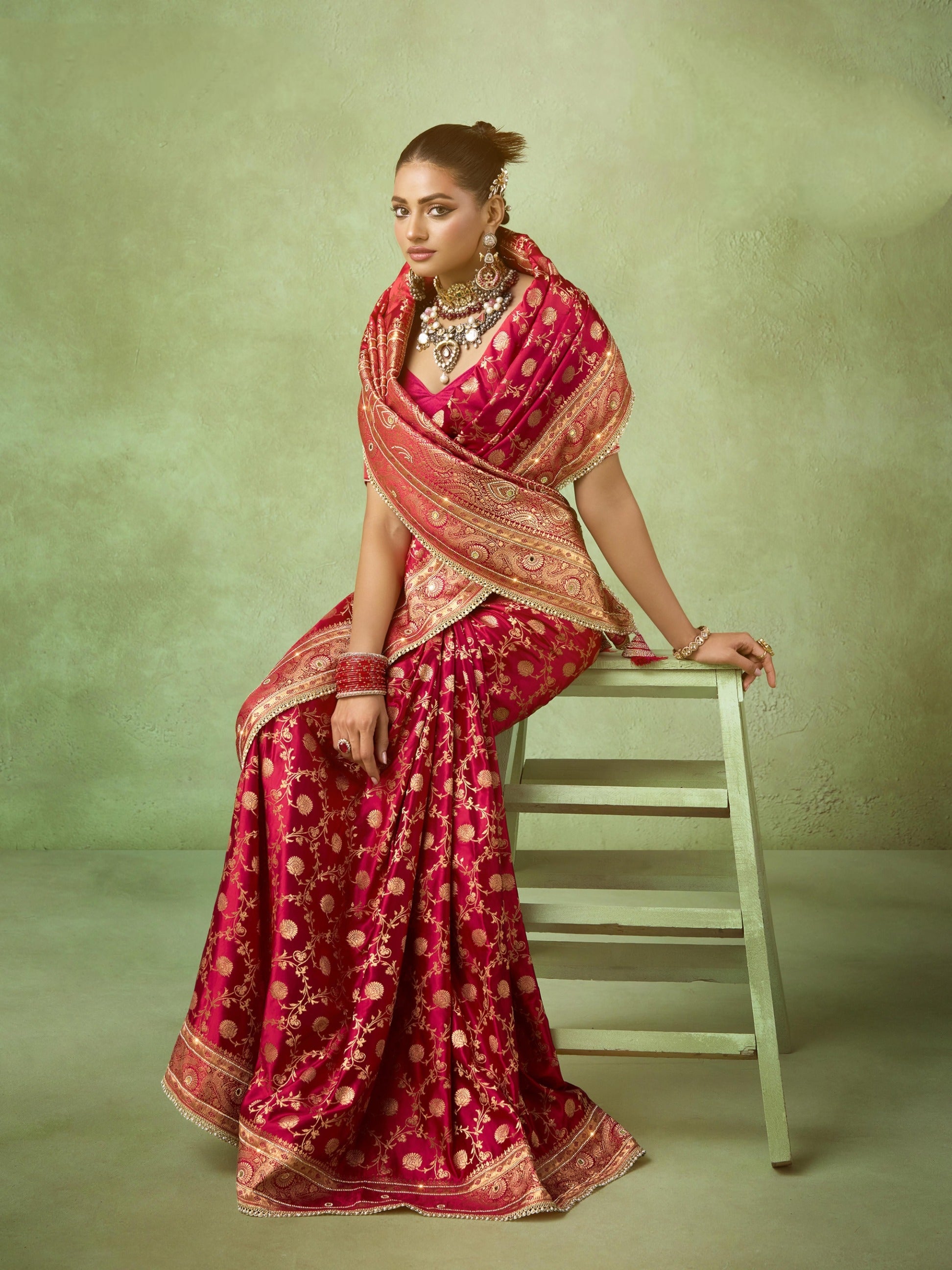 Buy Red Banarasi Saree Satin Katan with Heavy Zircon &amp; Lace Border