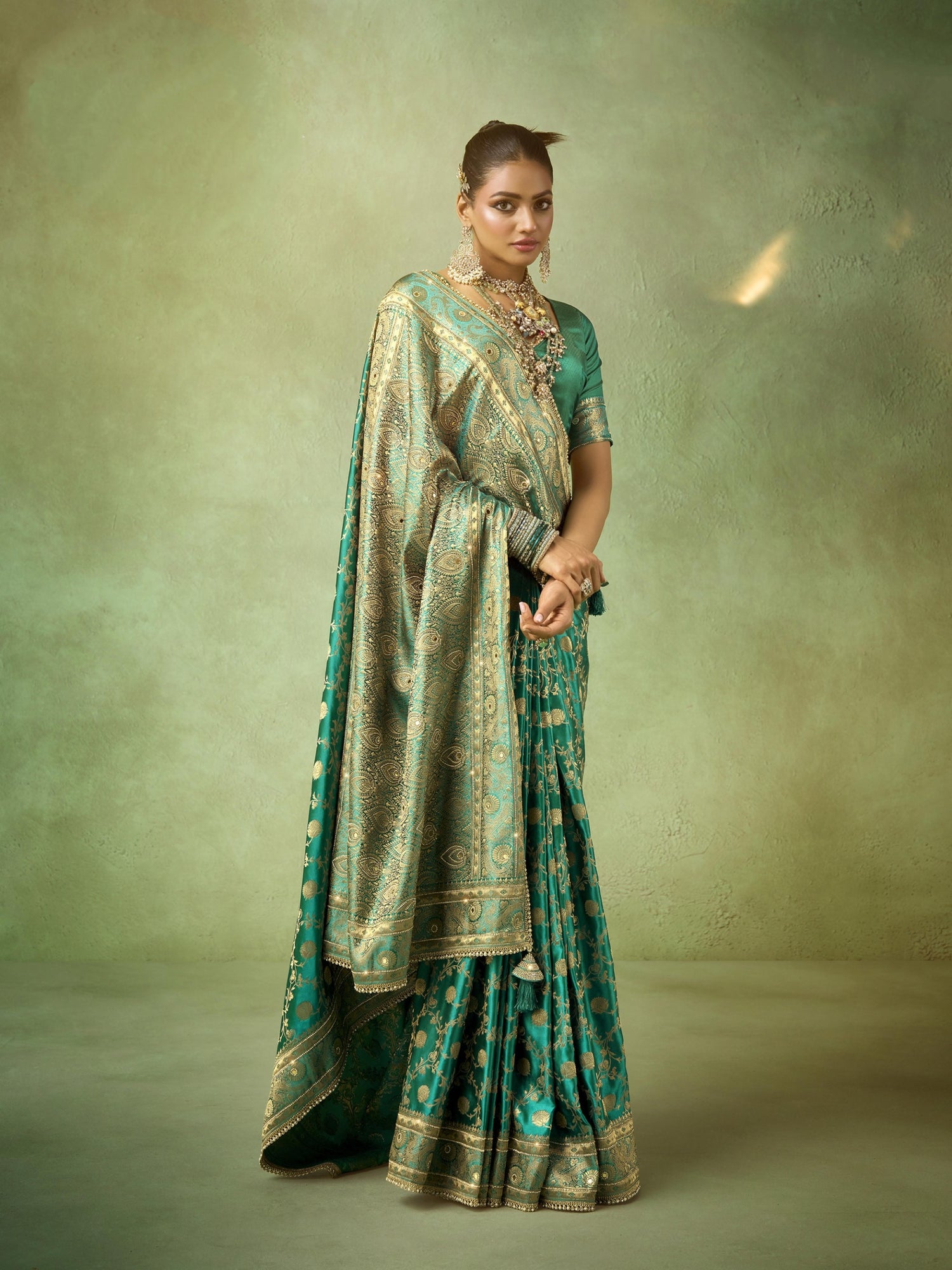 Teal Green Banarasi Saree Satin Katan with Heavy Zircon Embroidery Lace Border