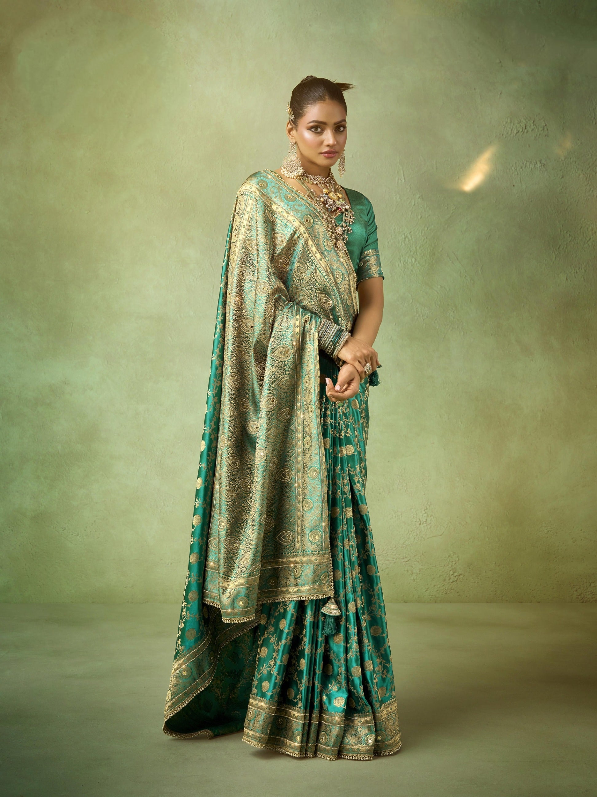 Teal Green Banarasi Saree Satin Katan with Heavy Zircon Embroidery Lace Border