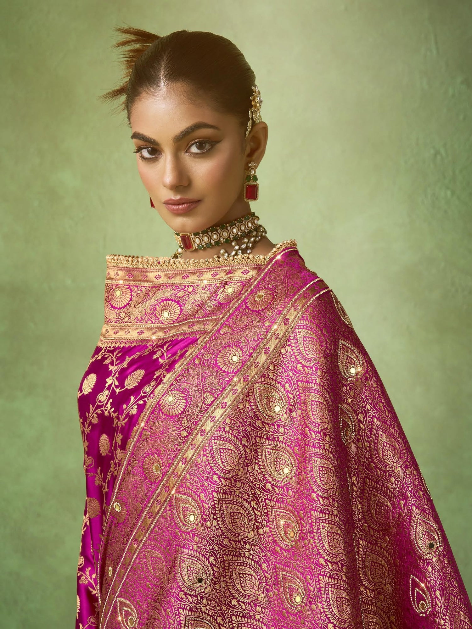 Pink Banarasi Saree Satin Katan with Heavy Zircon &amp; Lace Border