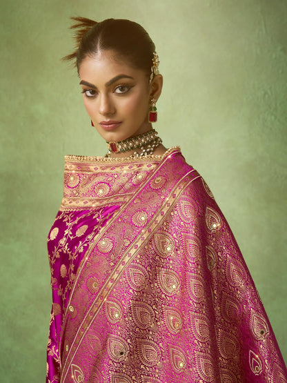 Pink Banarasi Saree Satin Katan with Heavy Zircon &amp; Lace Border
