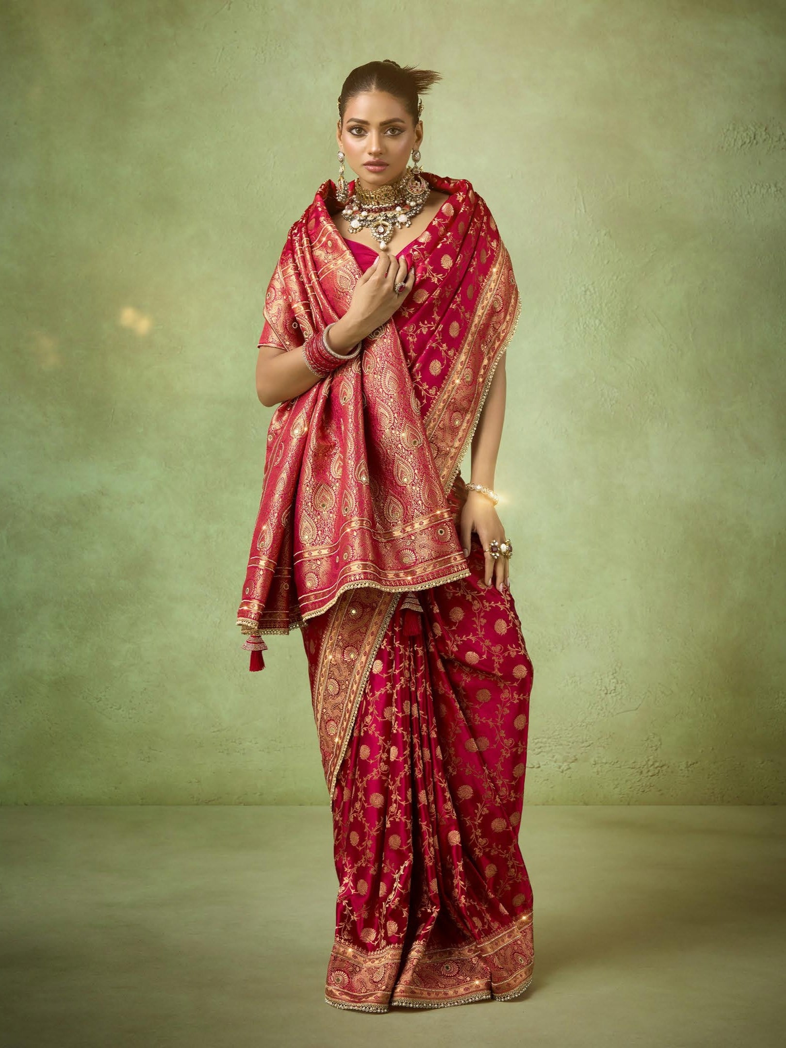 Red Banarasi Saree Satin Katan with Heavy Zircon Lace Border
