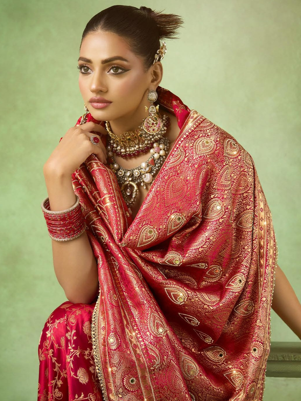 Luxury Red Satin Katan Banarasi Saree with Heavy Zircon Lace Detailing