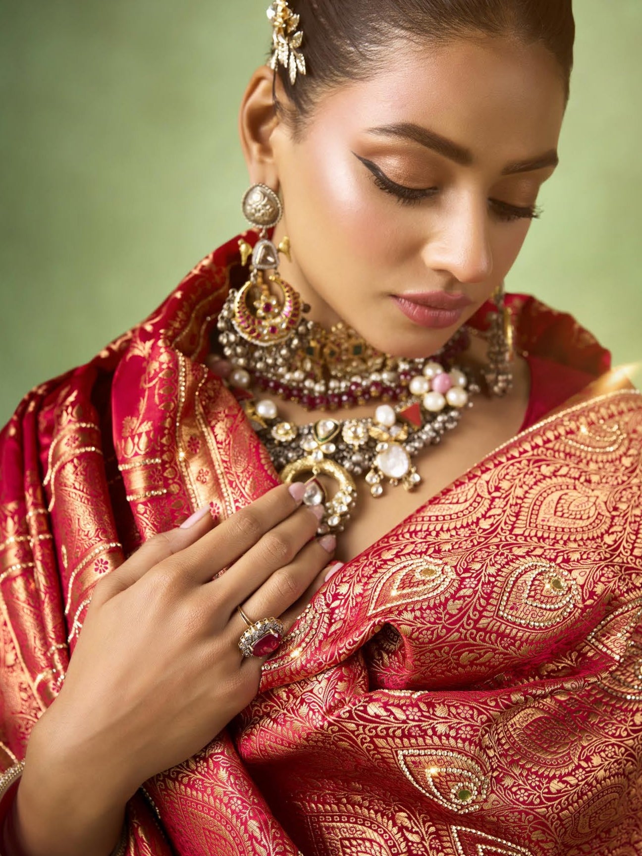 Traditional Red Banarasi Saree Satin Katan with Zircon Lace Border